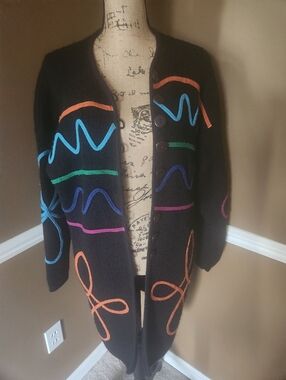 Le Chois Wool Black Multicolor Patterned Women's Cardigan Sweater Sm